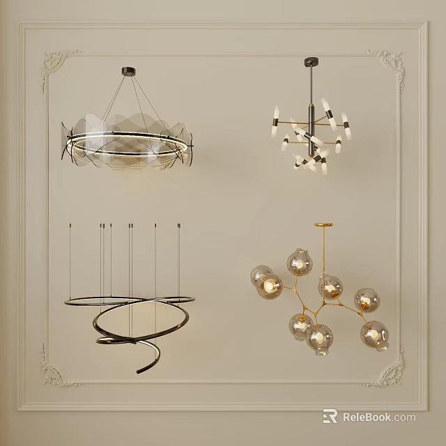 Modern Chandeliers with Geometric Metal Frames and Glass Decorative Balls 3d model 