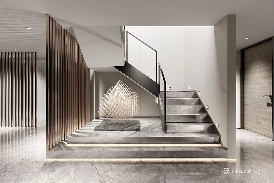 Modern Entrance Interior With Staircase Black Railing Wooden Partition And Marble Floor 3d model 