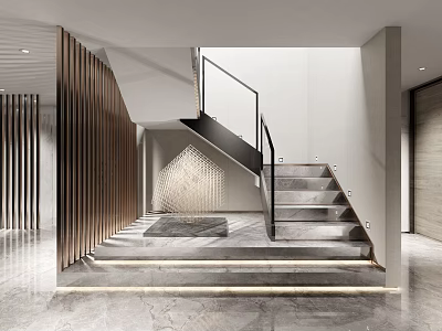 Modern Entrance Interior With Staircase Black Railing Wooden Partition And Marble Floor 3d model