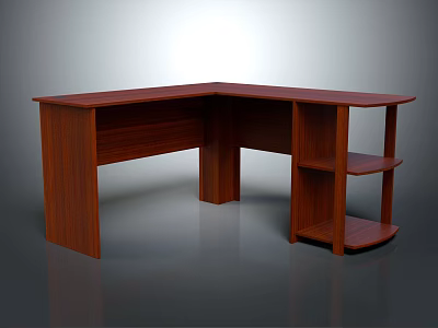 Wooden L Shaped Office Desk With Shelves And Natural Wood Finish 3d model