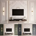 Modern TV Background Wall With Marble Texture Wall Sconces And TV Console 3d model