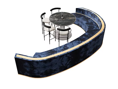 Blue Curved Sectional Sofa With Gold Trim And Marble Round Table With Chairs 3d model