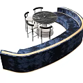 Blue Curved Sectional Sofa With Gold Trim And Marble Round Table With Chairs