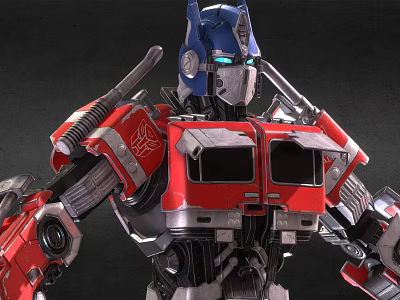 Detailed Mechanical Robot Character With Blue Helmet Red Silver Armor And Chest Logo 3d model