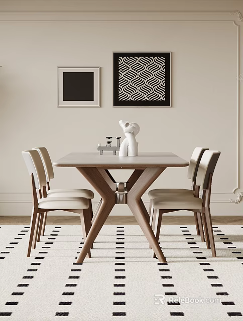 Modern Dining Table Set With Marble Top Four Wooden Chairs Decorative Paintings And Striped Rug 3d model 