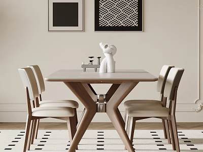 Modern Dining Table Set With Marble Top Four Wooden Chairs Decorative Paintings And Striped Rug 3d model