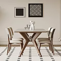 Modern Dining Table Set With Marble Top Four Wooden Chairs Decorative Paintings And Striped Rug