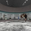 Museum Exhibition Hall With Artifacts Display Cases And Visitors Viewing Sculptures