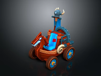 Fantasy Decorative Cart Model With Red Horse-Shaped Front Blue Details And Horned Top Ornament 3d model