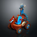 Fantasy Decorative Cart Model With Red Horse-Shaped Front Blue Details And Horned Top Ornament