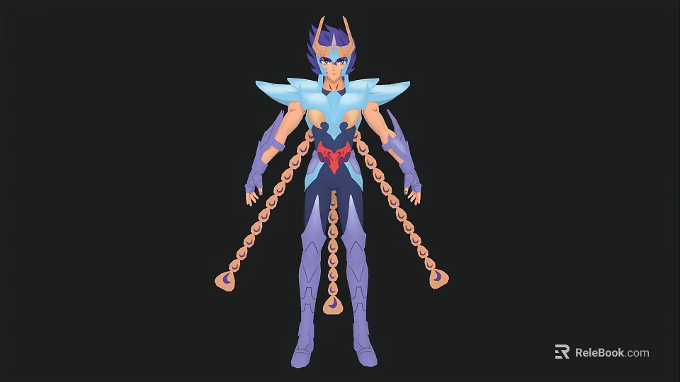 Game and Movie Character With Blue Purple Armor Wing Like Shoulders And Chain Accessories 3d model 