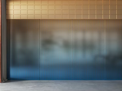 Perforated Metal Background Wall In Modern Design With Gold And Blue Panels 3d model