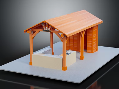 Wooden Pavilion Model Structure with Orange Roof Supporting Columns and Light Colored Base 3d model