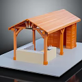 Wooden Pavilion Model Structure with Orange Roof Supporting Columns and Light Colored Base