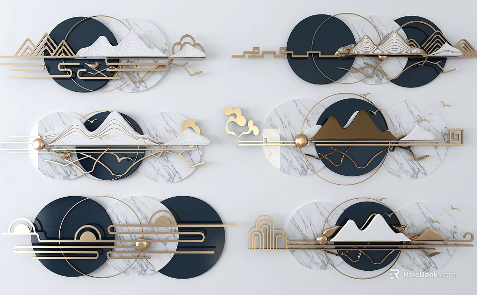 Modern Chinese Style Wall Decor With Circular Gold Metal Mountain Cloud Patterns 3d model