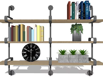 Movable Shelf Unit With Wooden Shelves Metal Frame Books And Potted Plants 3d model