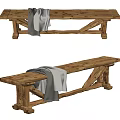 Rustic Wooden Public Bench With Gray Blanket Natural Wood Texture And Crossed Legs