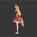 Game Anime Character With Orange Hair Fox Ears Red Kimono White Skirt And Pink Shoes