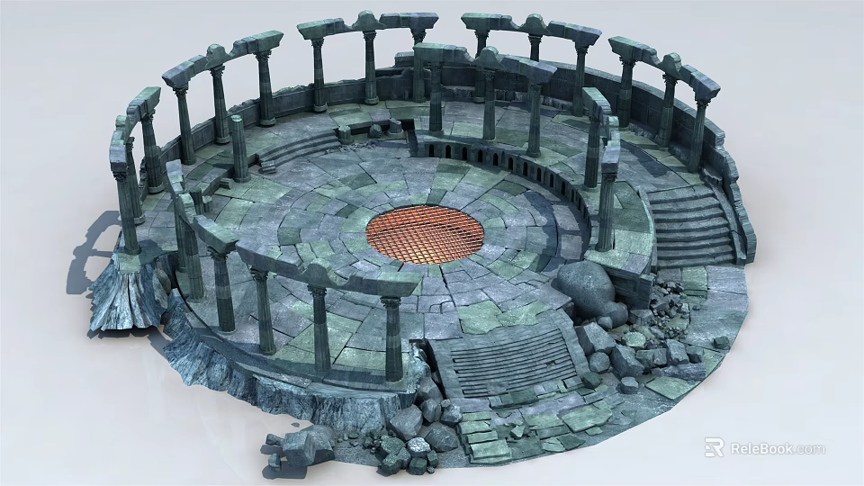 Ancient Circular Ruins Structure Featuring Stone Columns Steps And Broken Stones 3d model 