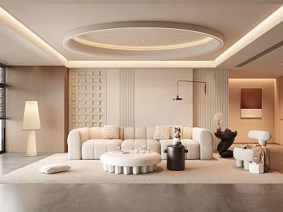 Modern Luxury Living Room With Beige Sofa Round Coffee Table Wooden Wall And Round Ceiling 3d model