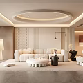 Modern Luxury Living Room With Beige Sofa Round Coffee Table Wooden Wall And Round Ceiling