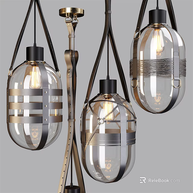 Modern Glass Pendant Lights With Metal Stripe Design Transparent Shade And Illuminated Bulb 3d model 