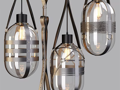 Modern Glass Pendant Lights With Metal Stripe Design Transparent Shade And Illuminated Bulb 3d model