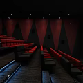 Modern Cinema Interior With Red Seats Black Red Wall Design And Ambient Lighting