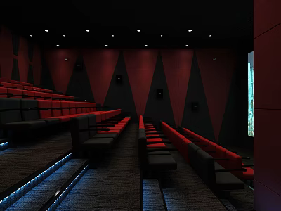 Modern Cinema Interior With Red Seats Black Red Wall Design And Ambient Lighting 3d model