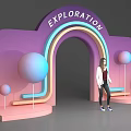 Exploration Themed Event Entrance With Purple Pink Blue Arched Design And Colorful Spheres