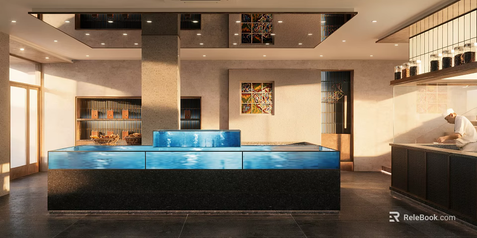 Modern Restaurant Interior With Open Kitchen Bar Counter And Decorative Artworks 3d model 