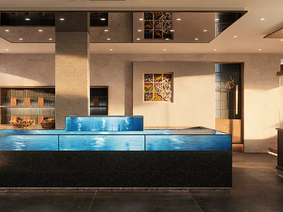 Modern Restaurant Interior With Open Kitchen Bar Counter And Decorative Artworks 3d model