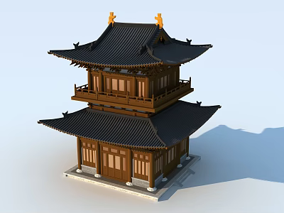 Ancient Chinese Architecture Two Story Wooden Structure With Black Roof And Golden Decorations 3d model