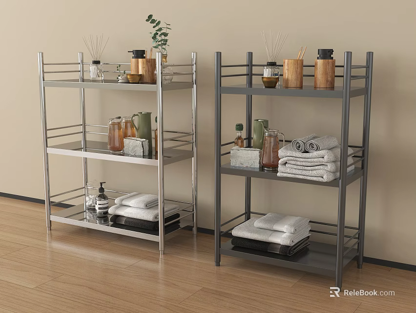 Modern Metal Shelving Units with Towels Jars and Green Plants for Home Storage 3d model 