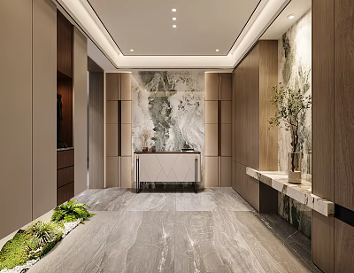 Modern Luxury Foyer Hallway With Marble Floor And Greenery 3d model