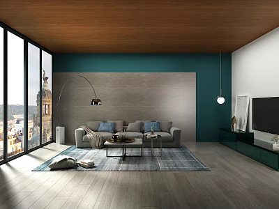 Stylish Modern Living Room With Panoramic City View And Cozy Home Interior Design 3d model