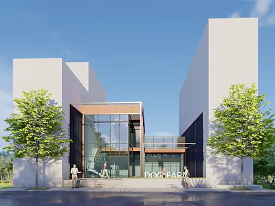 Modern Building Facade With White Exterior Glass Elements And Green Trees 3d model