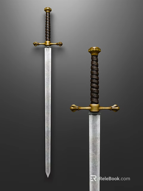 Antique Medieval Sword Featuring Golden Hilt Brown Wrapped Handle And Metal Blade 3d model 