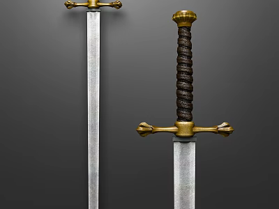 Antique Medieval Sword Featuring Golden Hilt Brown Wrapped Handle And Metal Blade 3d model
