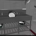 Stainless Steel Sink With Faucets Shelves And Tiled Walls In Modern Setting