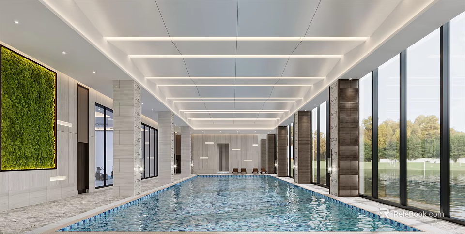 Modern Indoor Swimming Pool With Ceiling Linear Lights Stone Columns Large Windows And Natural View 3d model