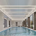 Modern Indoor Swimming Pool With Ceiling Linear Lights Stone Columns Large Windows And Natural View 3d model