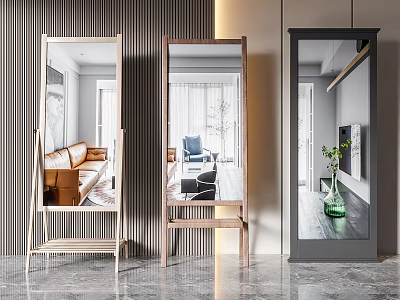 Stylish Floor Standing Mirrors With Different Frame Styles Reflecting Interior Scenes 3d model