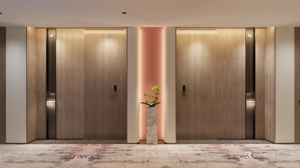 Elegant Elevator Hallway With Wooden Doors Warm Lighting Decorative Column Potted Plant And Patterned Carpet 3d model 