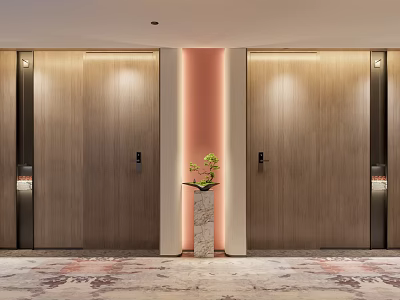 Elegant Elevator Hallway With Wooden Doors Warm Lighting Decorative Column Potted Plant And Patterned Carpet 3d model