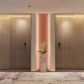 Elegant Elevator Hallway With Wooden Doors Warm Lighting Decorative Column Potted Plant And Patterned Carpet
