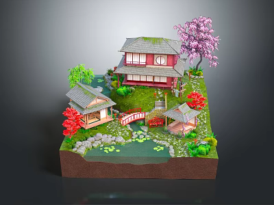 Ancient Traditional Garden With Japanese Style Houses Pond Stone Bridge Cherry Blossom Tree And Greenery 3d model