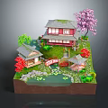 Ancient Traditional Garden With Japanese Style Houses Pond Stone Bridge Cherry Blossom Tree And Greenery