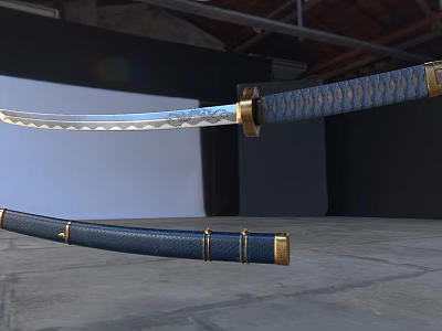 Traditional Japanese Sword Weapon With Blue Handle Gold Accents And Sharp Blade 3d model