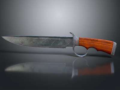 Vintage Combat Knife With Worn Metal Blade Wooden Handle And Metal Ring On Reflective Surface 3d model